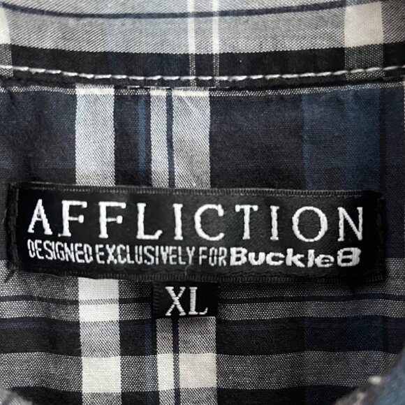 Affliction Mens Y2K Grunge Plaid Button Up Shirt Size XL Embroidered Graphic Alt - Picture 4 of 13